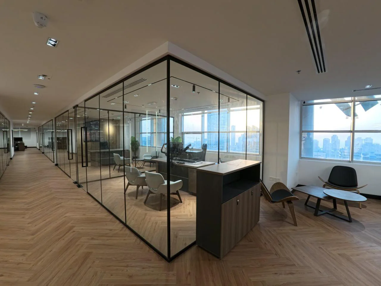 AD Tyres office cabins with sleek glass partitions